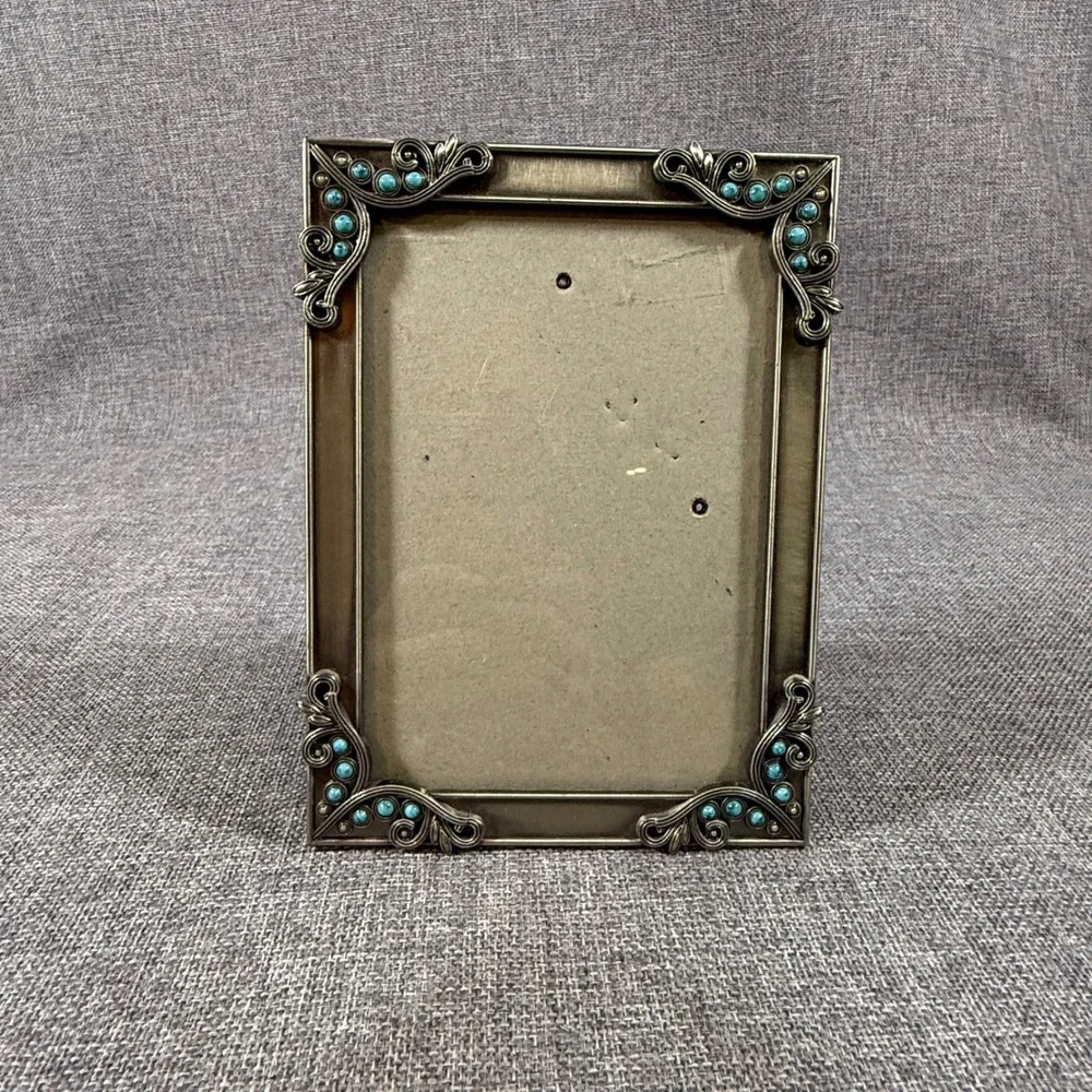 Decorel Picture Frame 5.5x7.5 Antique Silver Turquoise Beads Ornate Filigree